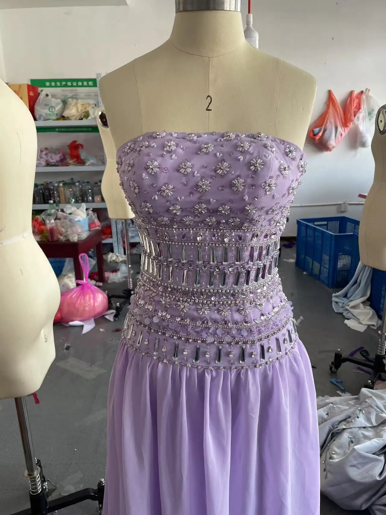 Purple Beaded Strapless Maxi Dress