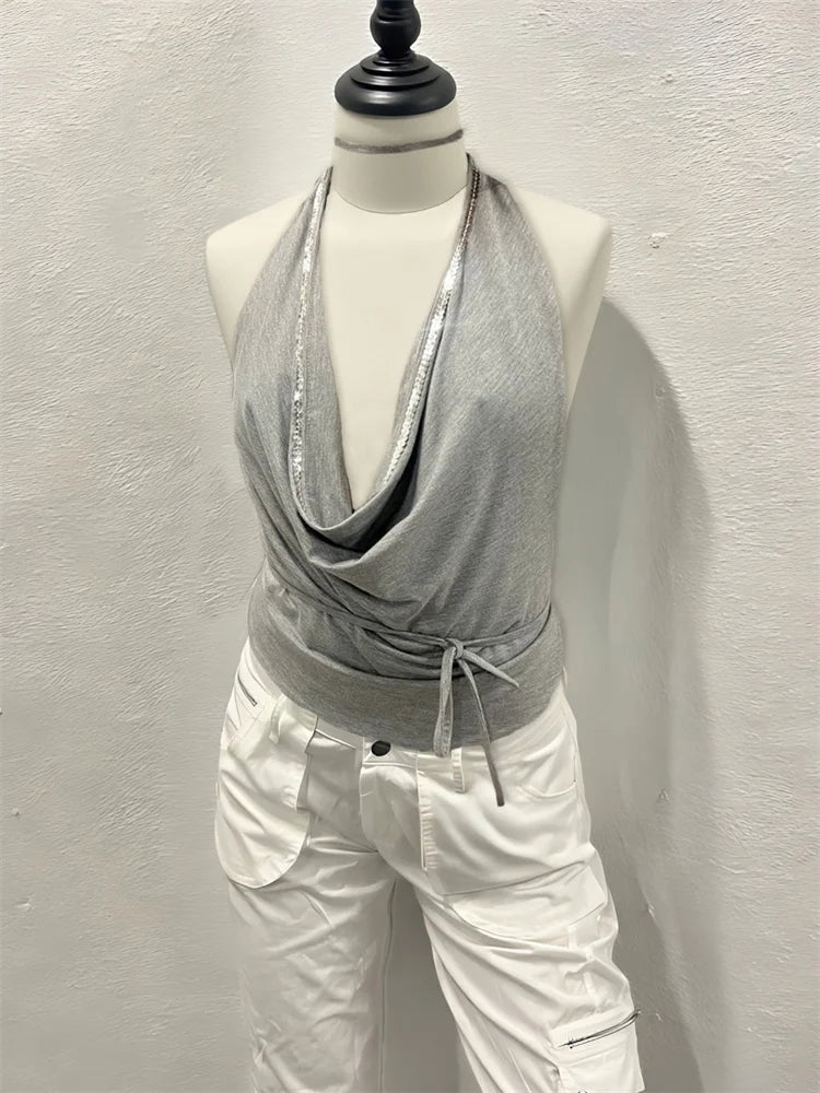 Cowl Tie Up Sequin Trim Top