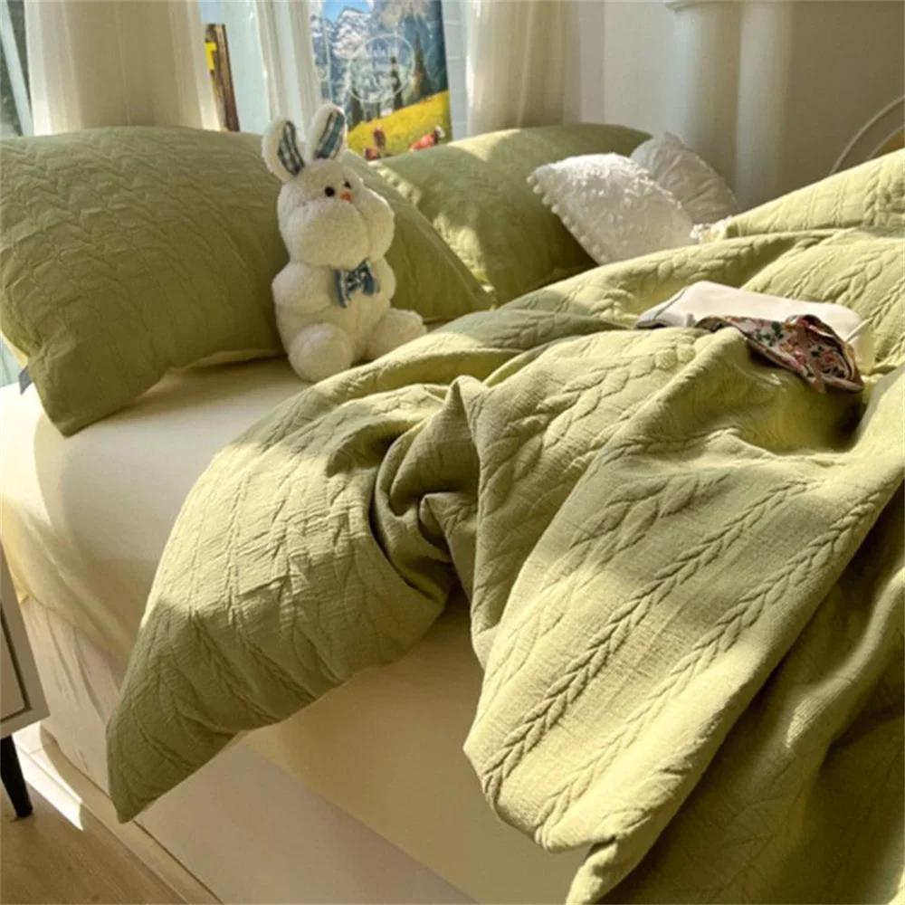 Knitted Washed Cotton Bed Four Piece Set with Ins Style Simple and High-end Feeling, Bed Sheet Duvet Set Three Piece Set