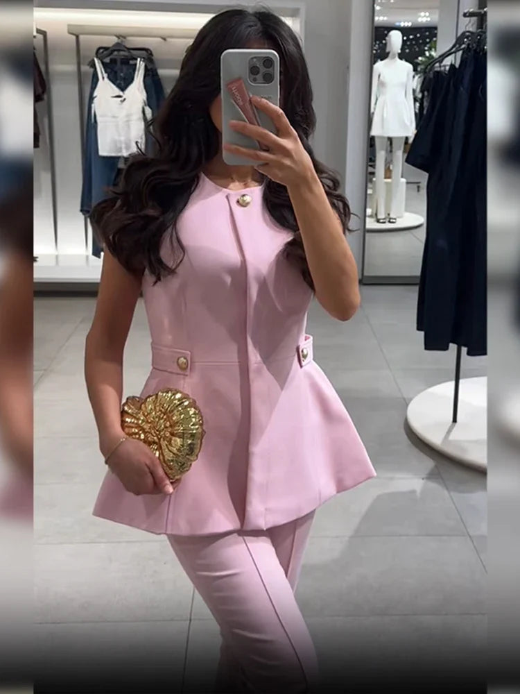 Pink High Neck Vest And Pants Set