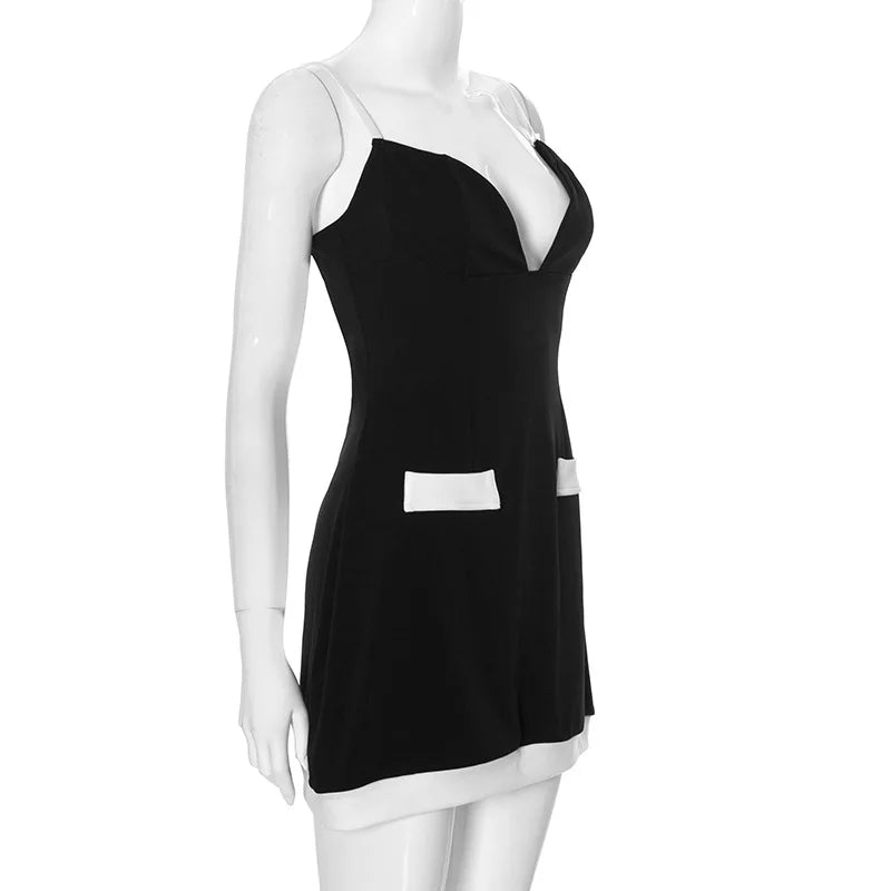 Black Two Tone Strap Solid Mini Dress