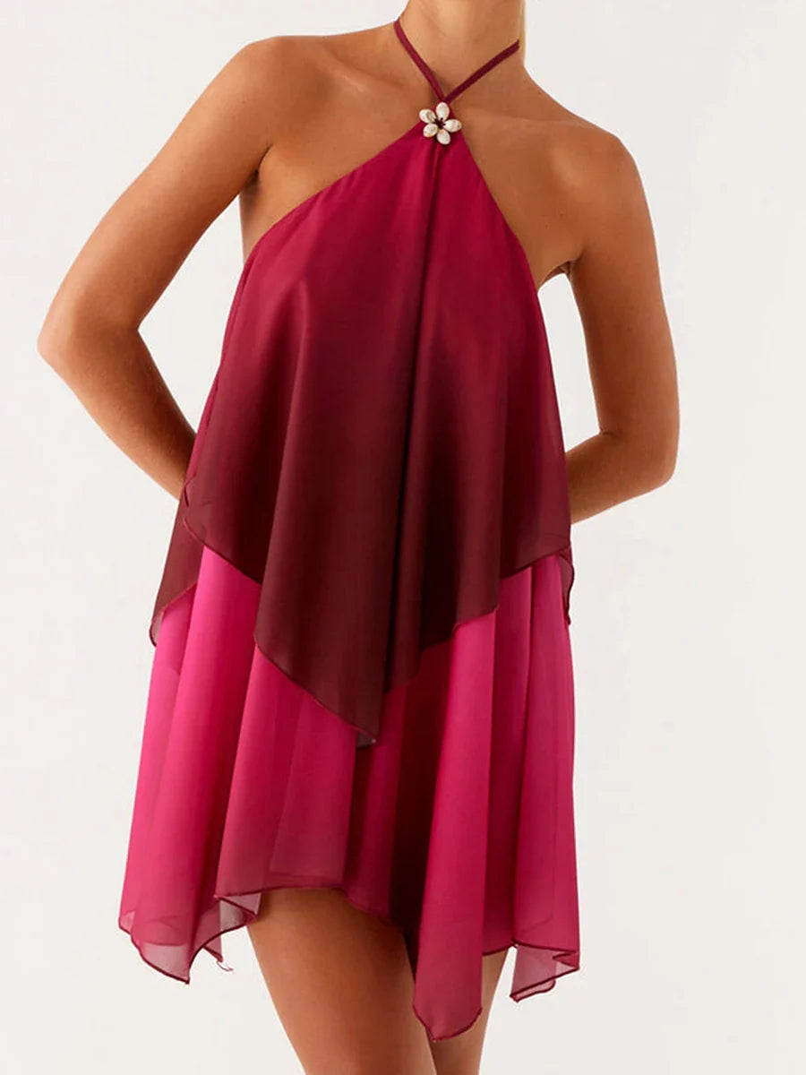 Red Gradient Halter Frill Wide Mini Dress