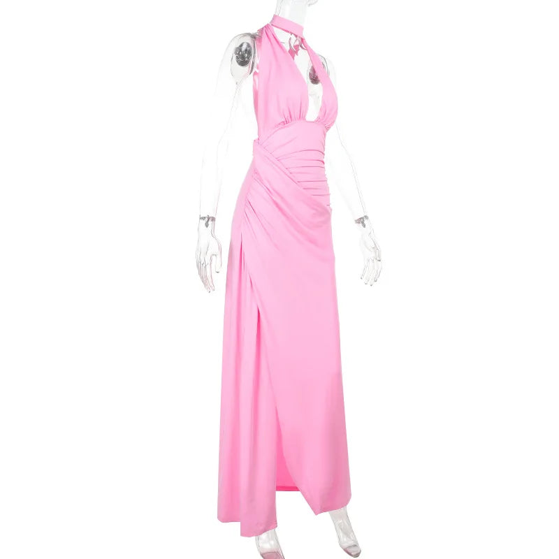 Halter Drape Deep Neck Slit  Long Dress