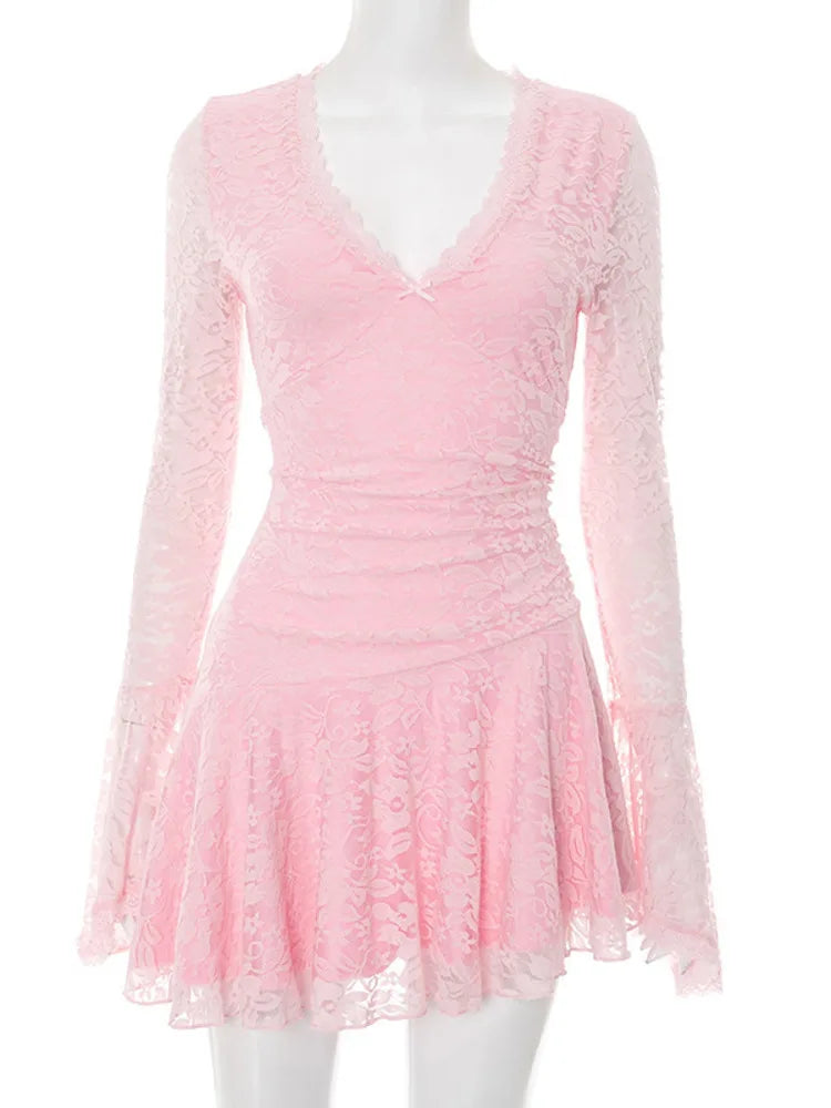 Lace Flare Long Sleeve Flare Mini Dress