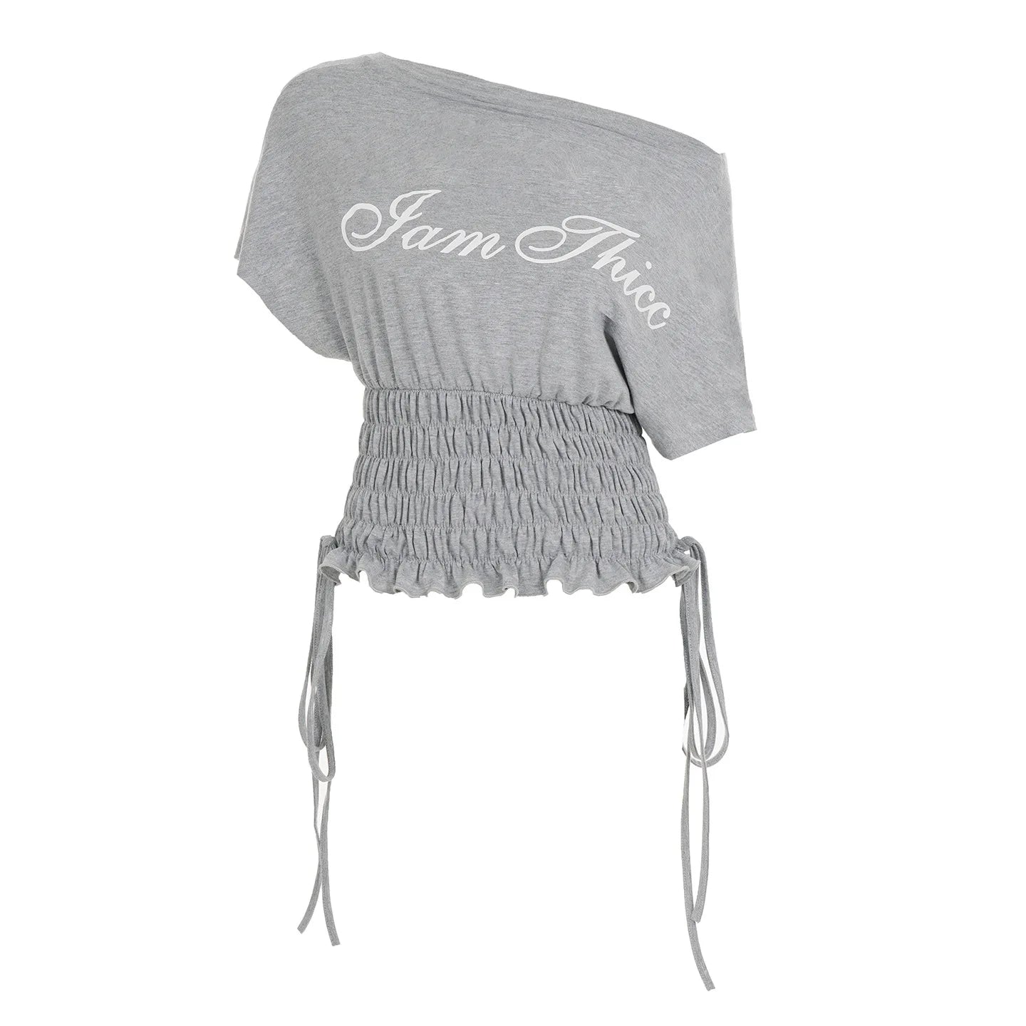 Ruched Drawstring Letter Print Grey Graphic Tee