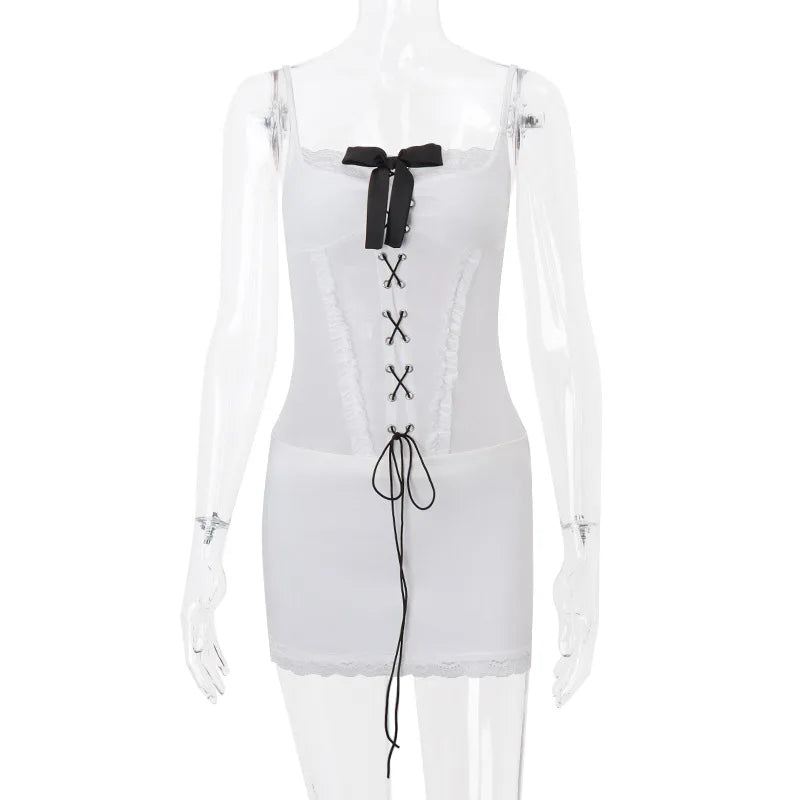 White Bow Lace Up Sheer Mini Dress