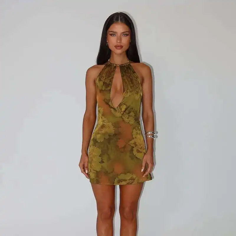 Green Printed Open Back Halter Mini Dress