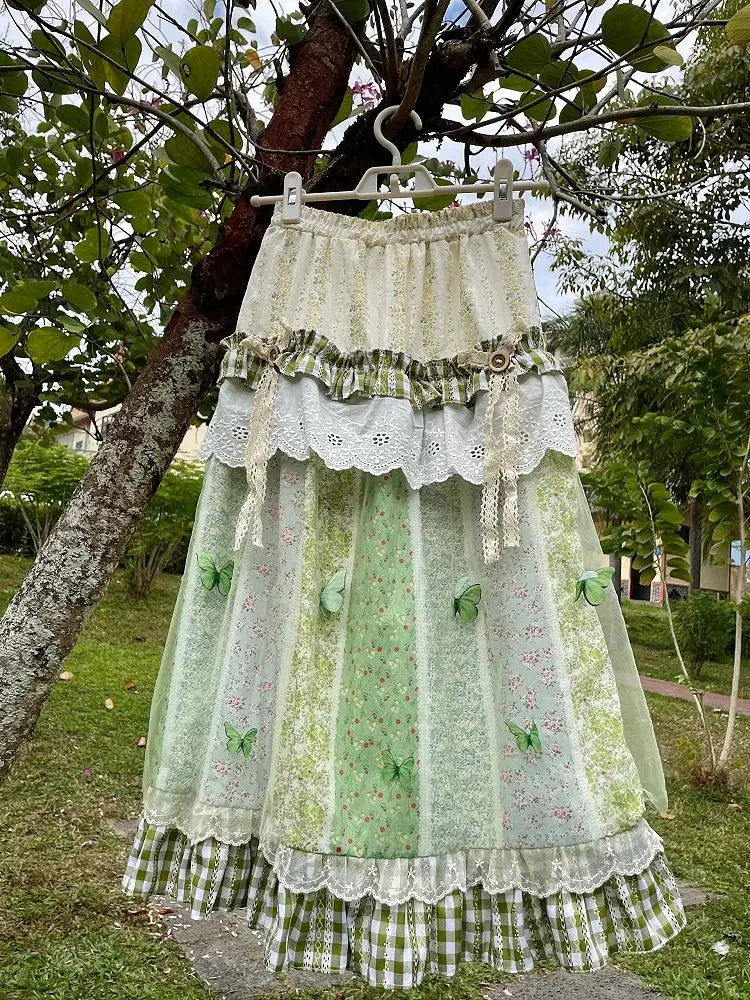 Green Floral Ruffle Long Skirt - Office Lady A-Line