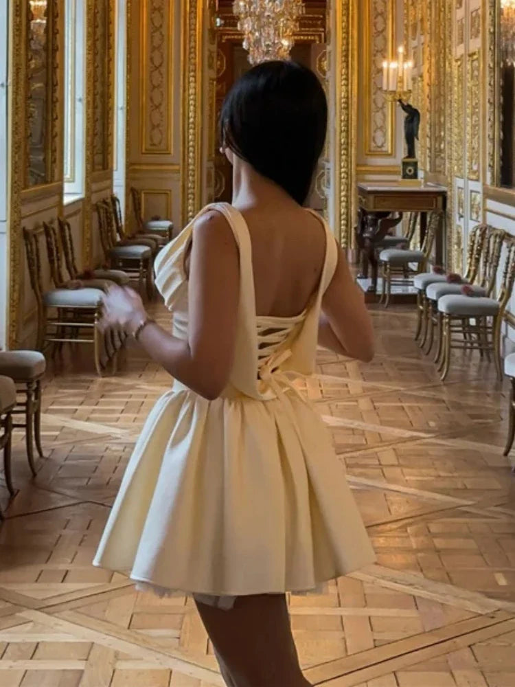 Satin Cowl Neck Back Lace Up Mini Dress