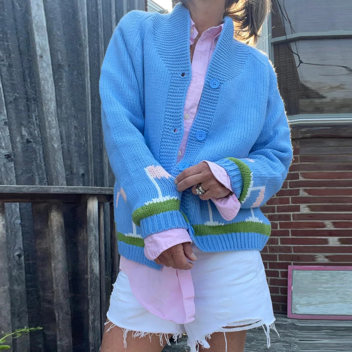 Blue Golf Car/Heart Print Long Sleeve Lapel Button-down Knitwear Cardigan with Pockets