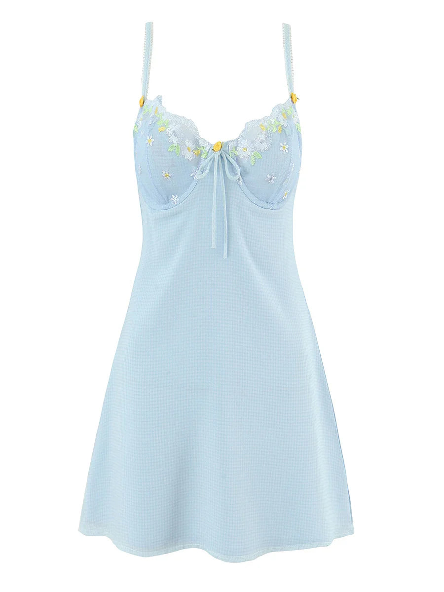 Blue Plaid Lace Up Babydoll  Mini Dress