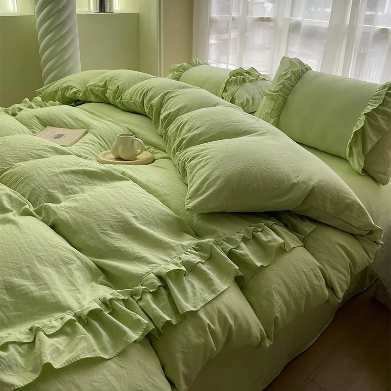 INS Princess Grey Bedding Sets 2025 Solid Color Ruffle Quilt Cover Romantic Bed Sheet Sets Girls Bedroom Duvet Cover 4pcs