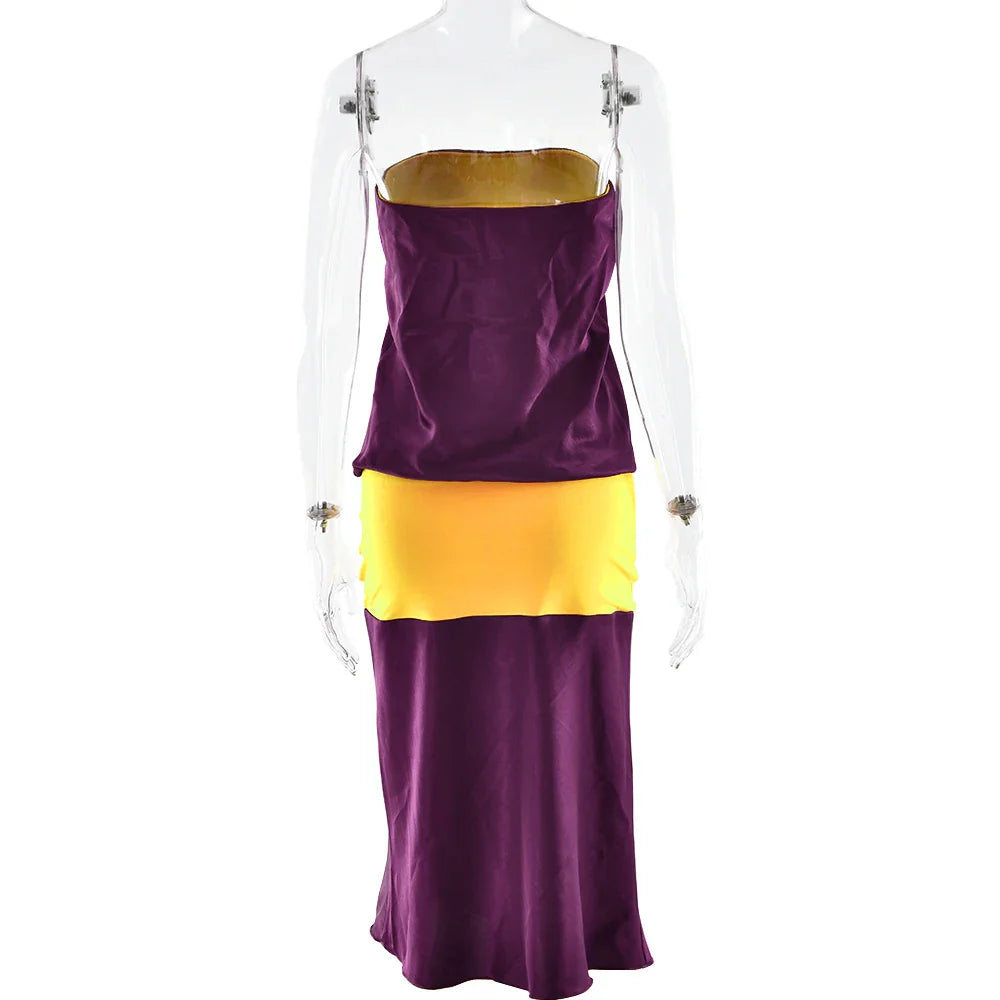 Satin Tube Color Patchwork Long Dress