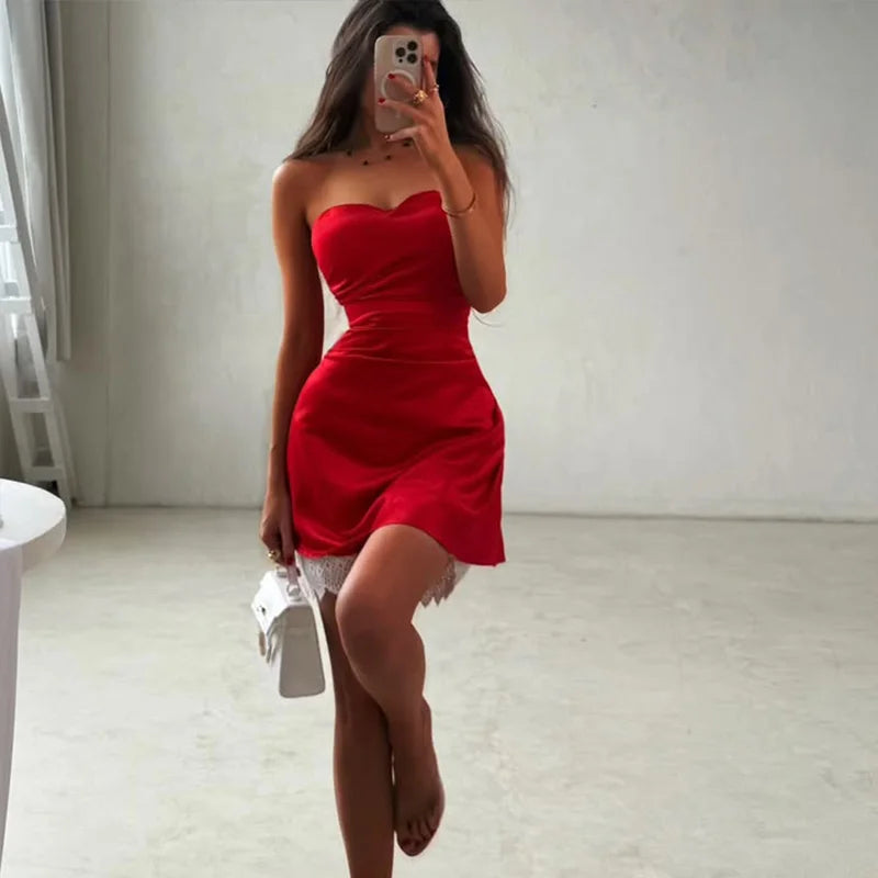Strapless Satin Mini Dress - Casual Slim Fit