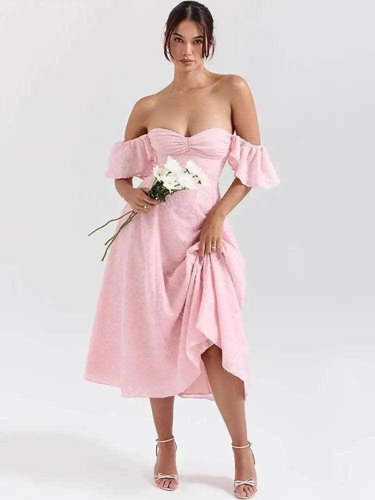 Pink Short Puff Sleeves Jacquard Print Maxi Dress