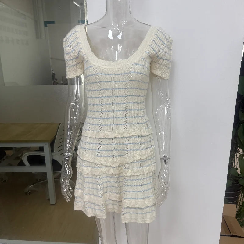 White Knitted Short Sleeve Stripe Mini Dress