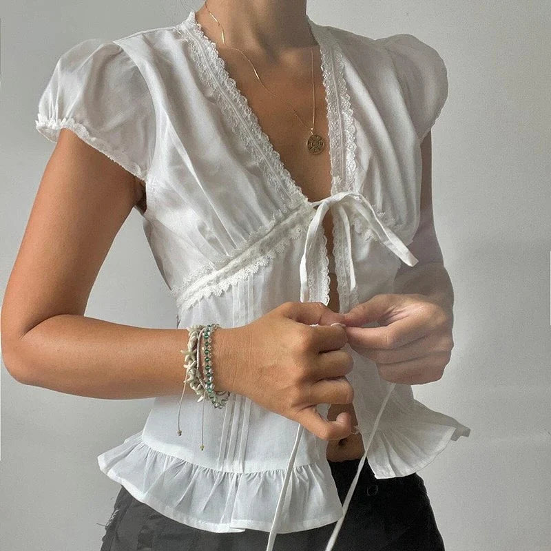 Ruffles Hem Short Sleeve Bow Tie Crop Top