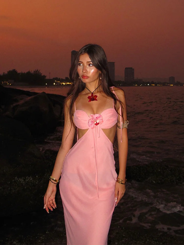 Pink 3d Floral Cut Out Tie Up Maxi Dress