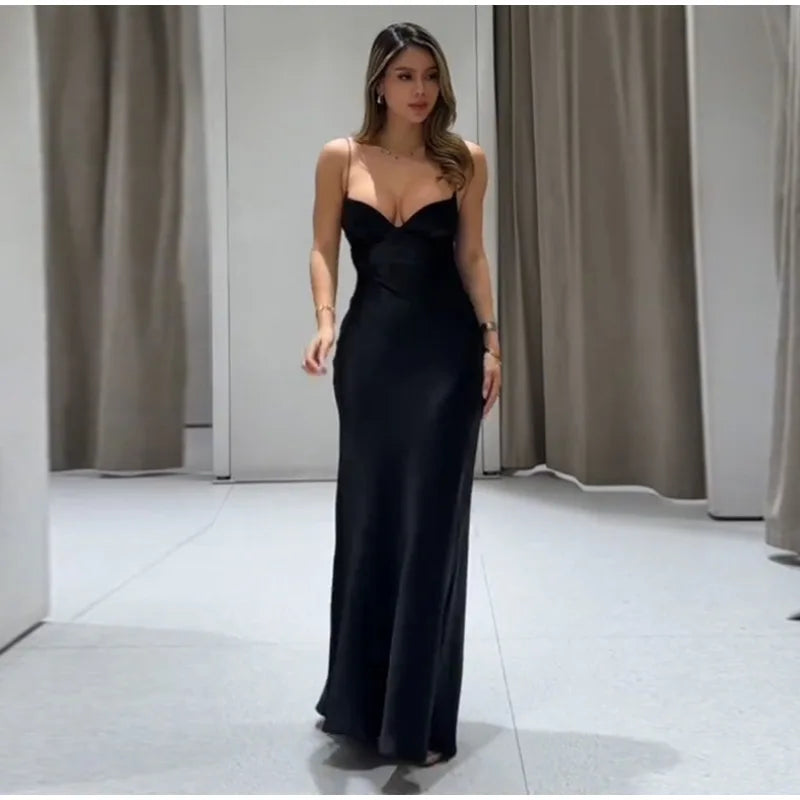 Satin Solid V-neck Strap Maxi Dress