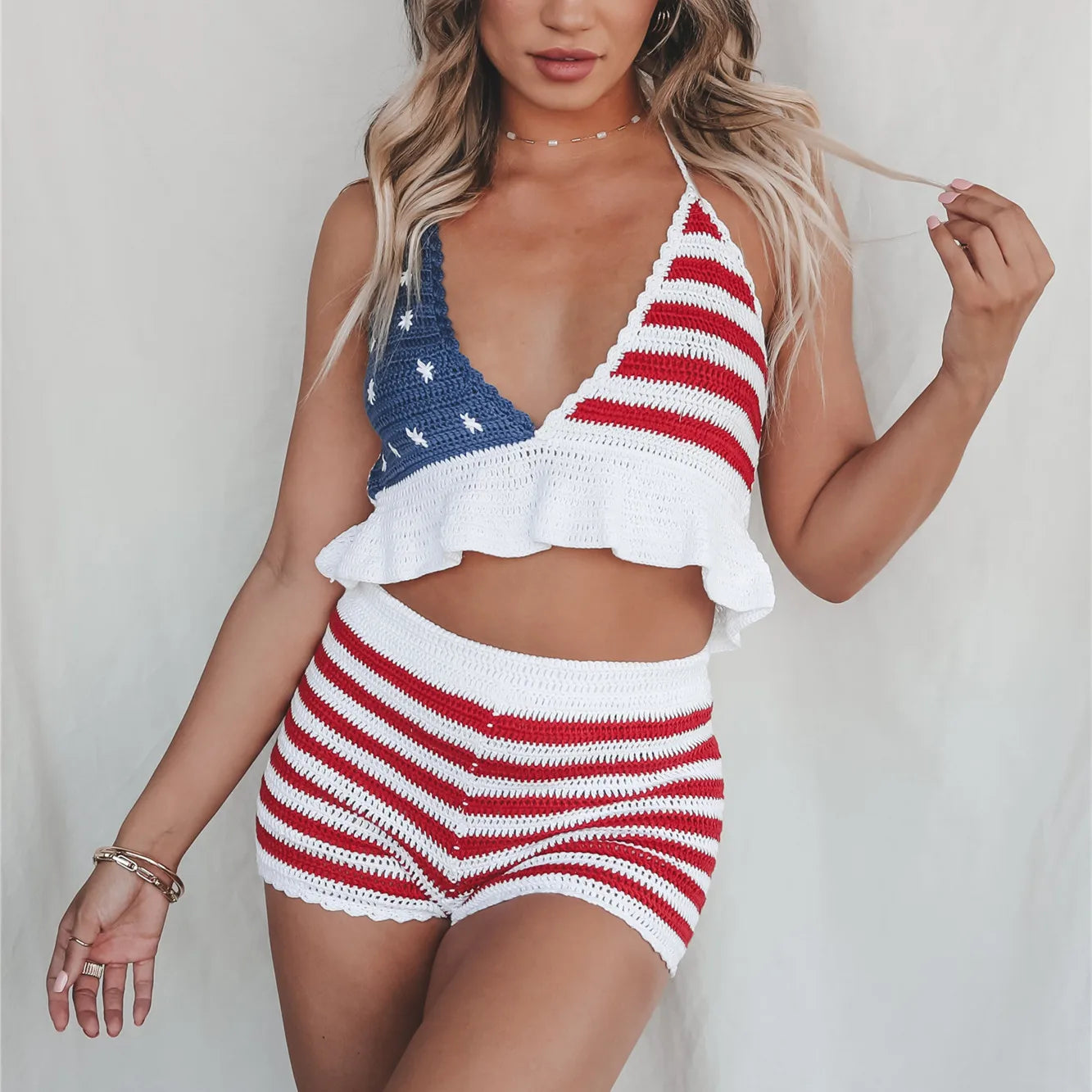 American Flag Knit Halter Crop Top And Shorts Set