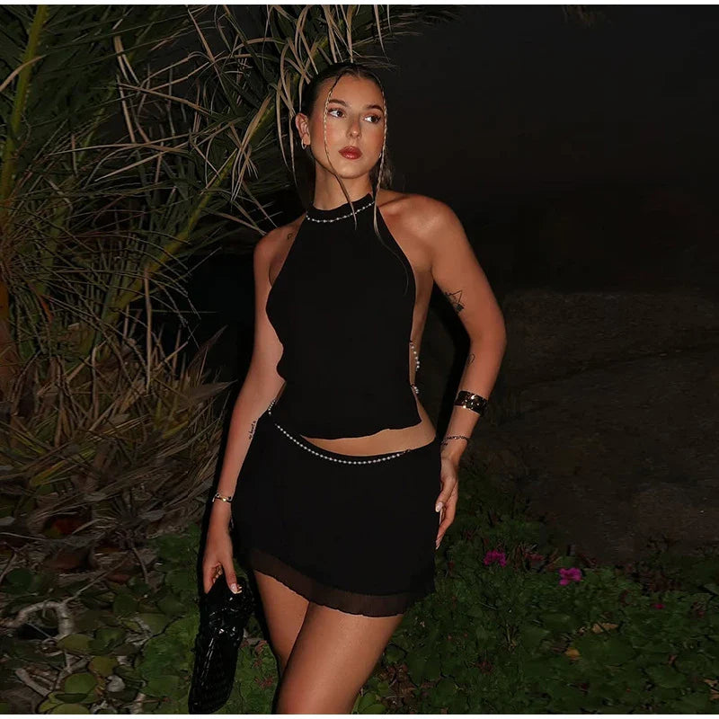 Open Back Beading Halter Crop Top And Mini Skirt Set