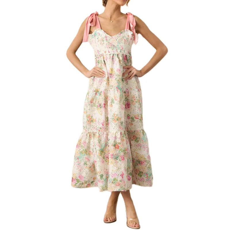 Floral Print Tie Up Smocked A-line Long Dress