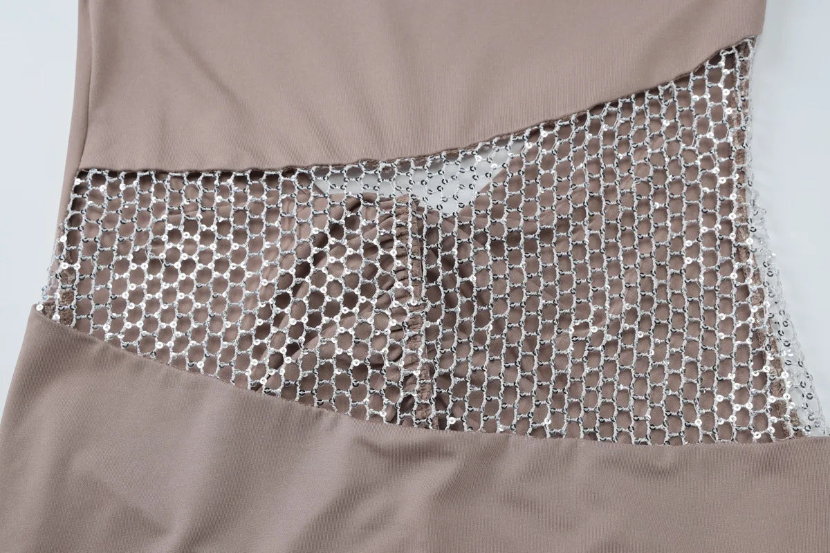 Halter Deep Neck Sequin Mesh Patchwork Mini Dress