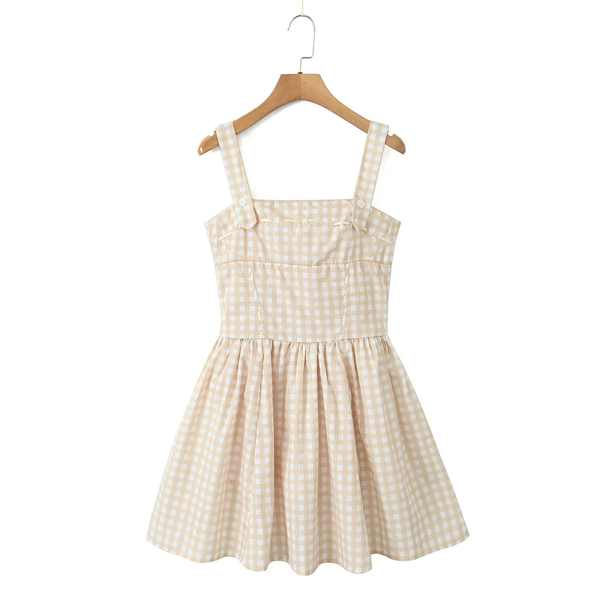 Khaki Plaid Strap Square Neck Mini Dress