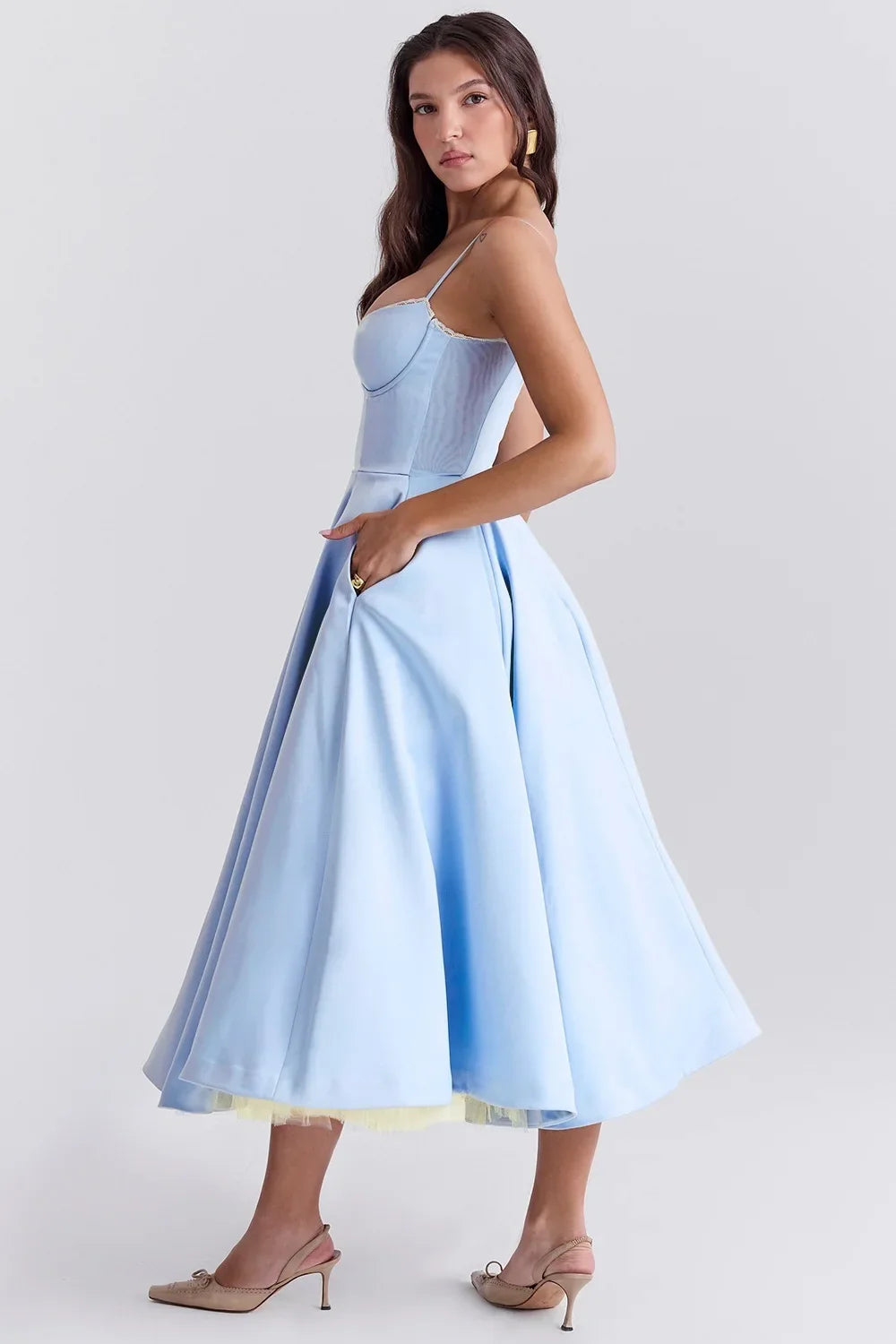 Satin Bustier Strap Tulle Midi Dress