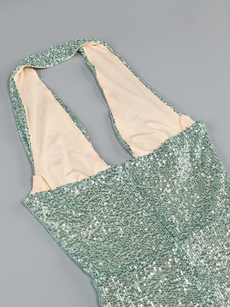Sequin Halter Deep Neck Maxi Dress