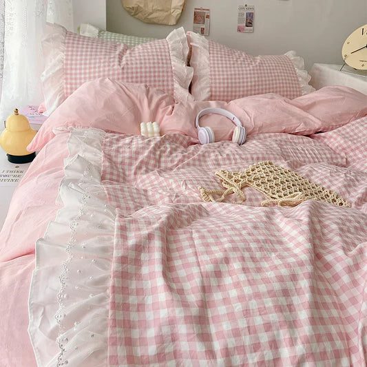 Korean Princess Style Lattice Double Layer Lace Bedding Set Soft Quilt Cover Plaid Style Duvet Covers Set Bed Sheet Pillowcases