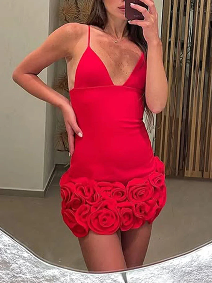 Red3D Rose Hem V-neck Mini Dress