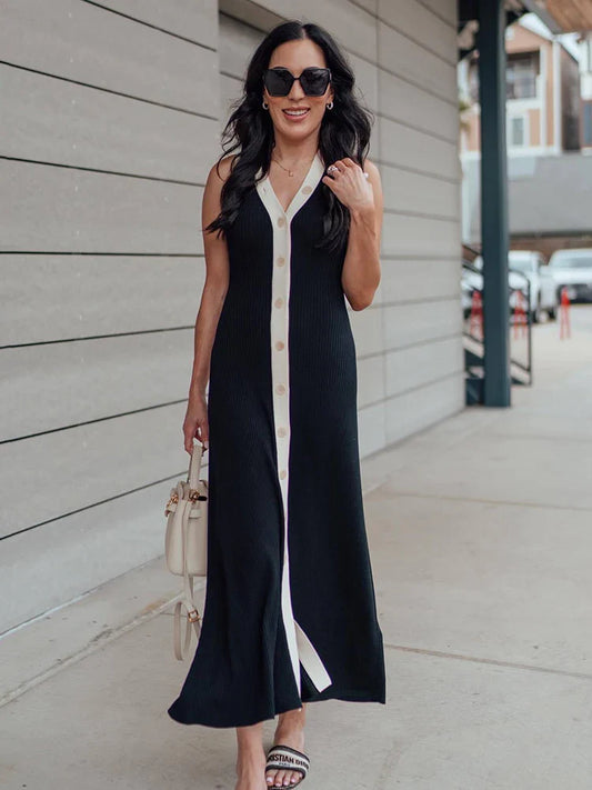 Strapless Contrast Stripe V-neck Midi Dress