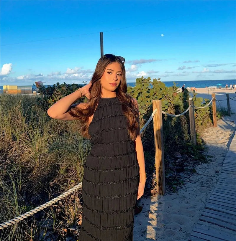 Halter Textured Open Back Maxi Dress