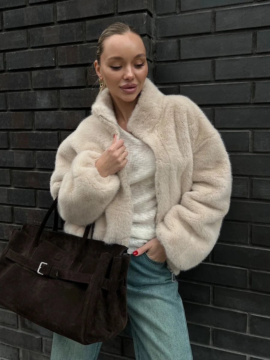 Teddy Faux Fur Zipper Crop Jacket