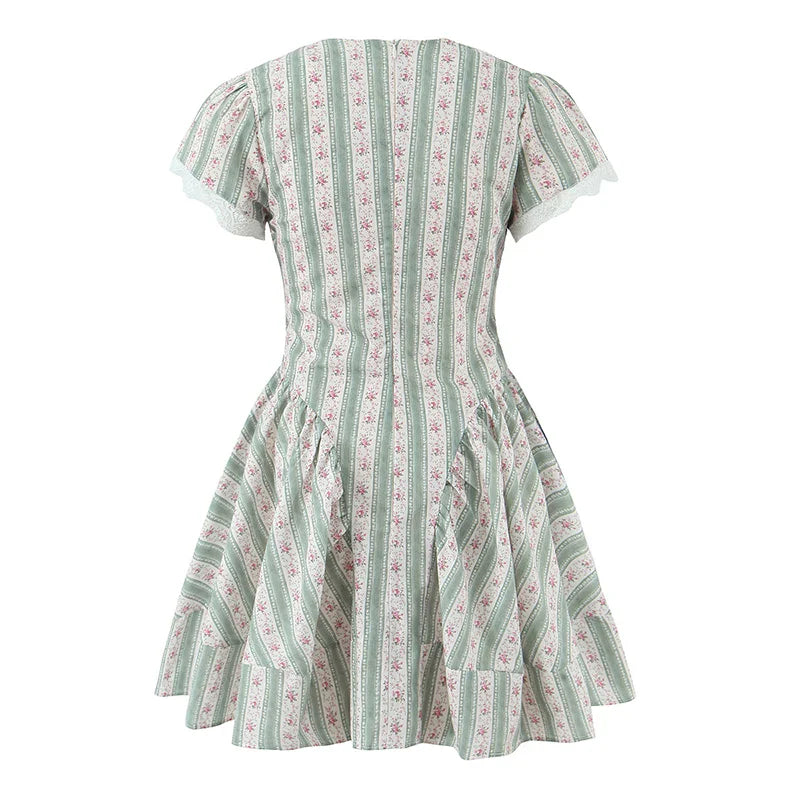 Green Striped Floral Print Short Sleeve Mini Dress