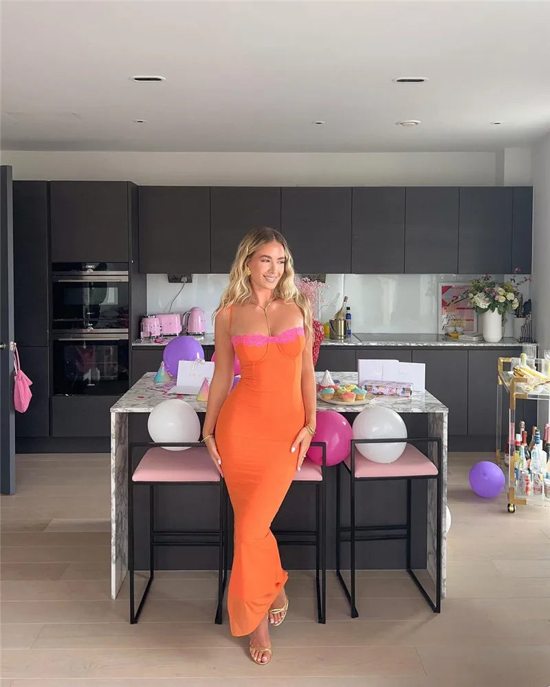 Lace Spaghetti Strap Mesh Midi Dress