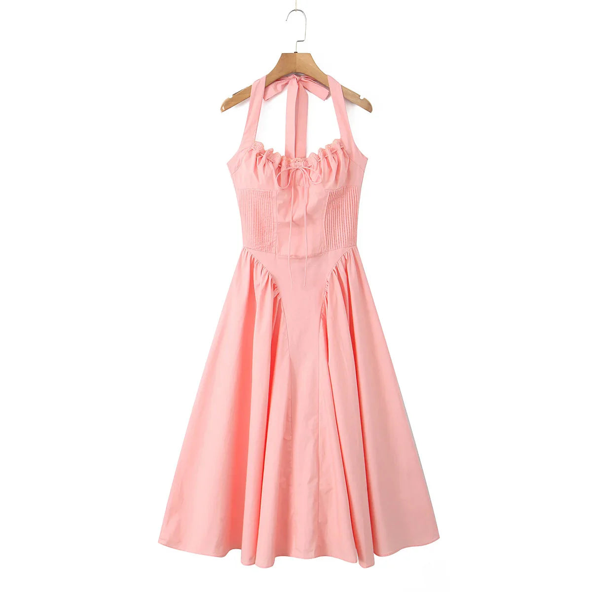 Pink Halter Drawstring Midi Dress