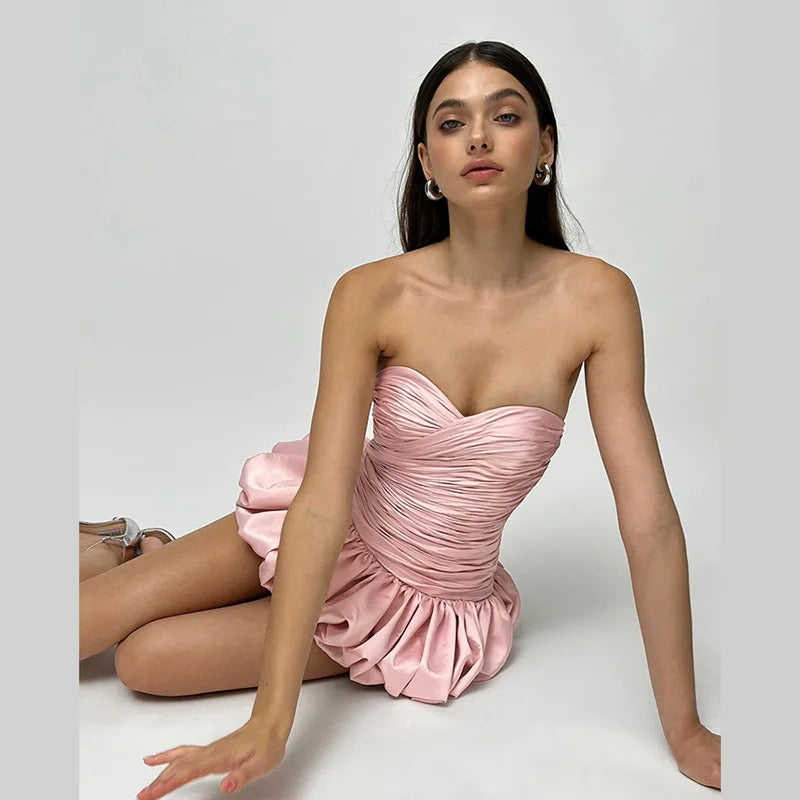 Satin Ruched Puff Mini Dress