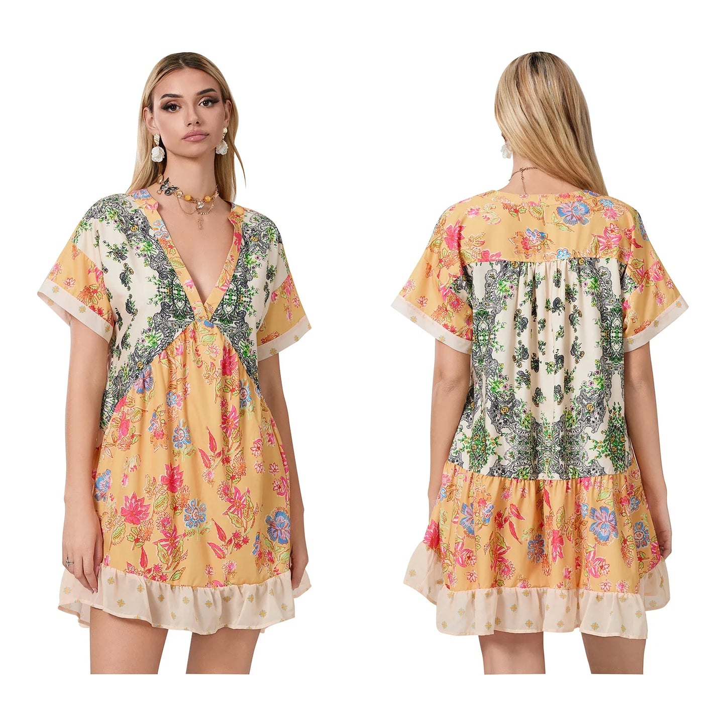 Floral Print Short Sleeve V-Neck Ruffled Hem Loose Mini Dress with Pockets