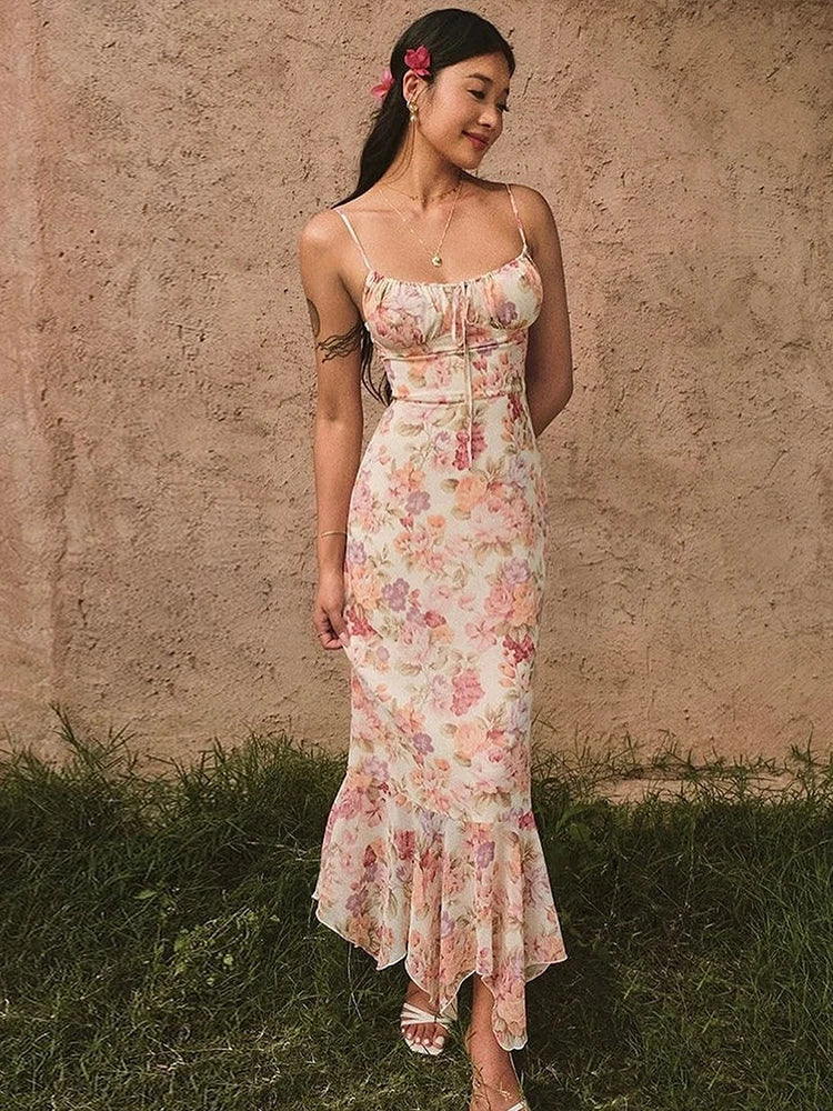 Floral Printed Cami Tie Up Maxi Summer Dress