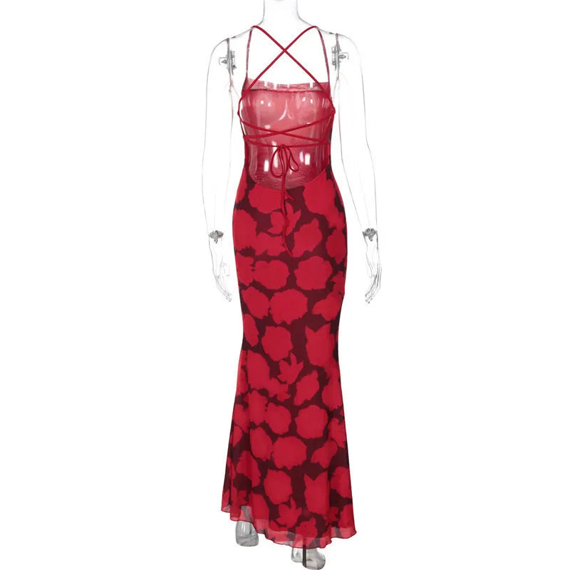 Red Floral Printed Mesh Back Tie Up Midi Dress