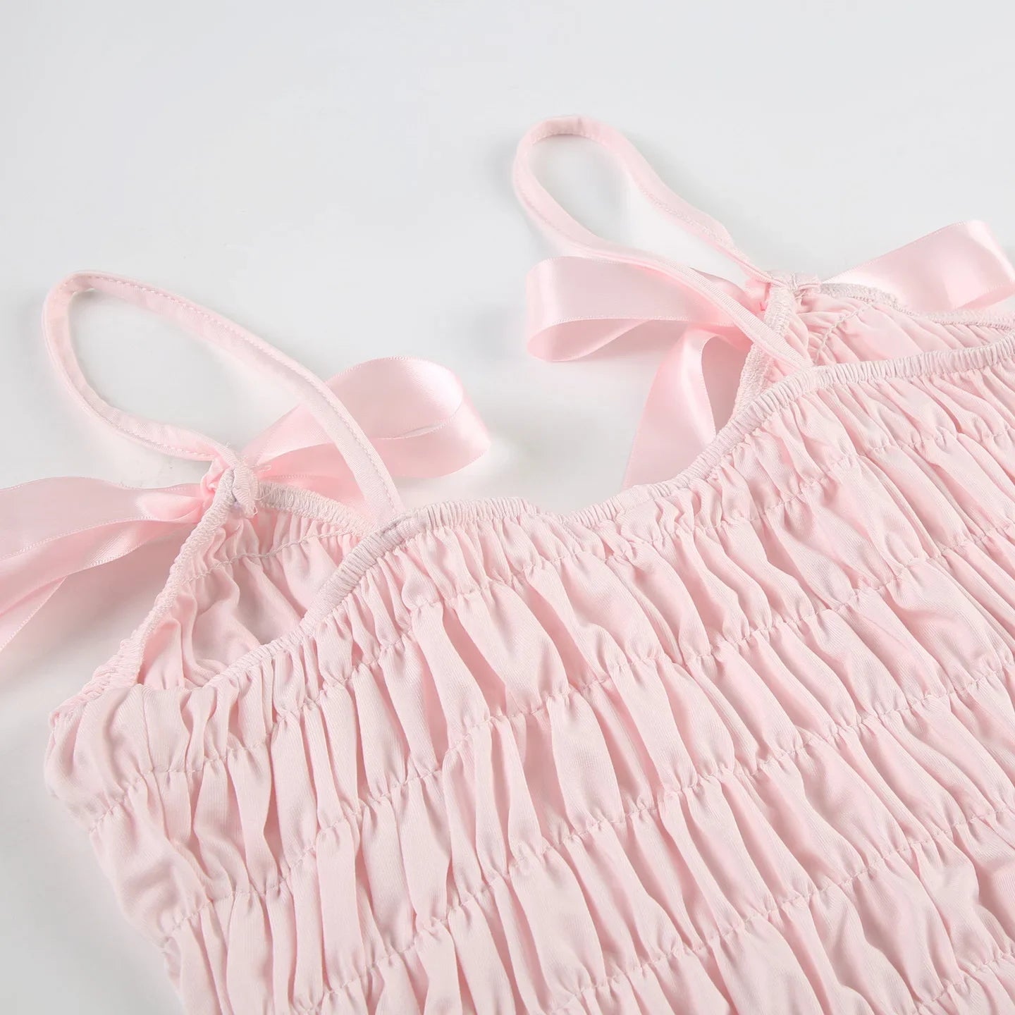 Pink Bowknot Ruched Strap Top And Shorts Set