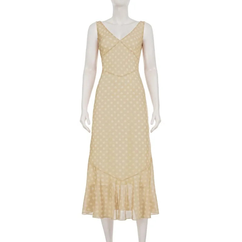 Beige Polka Dot Ruffle Midi Dress