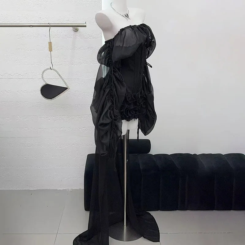 Off-Shoulder Long Sleeve Ruffles Mini Dress