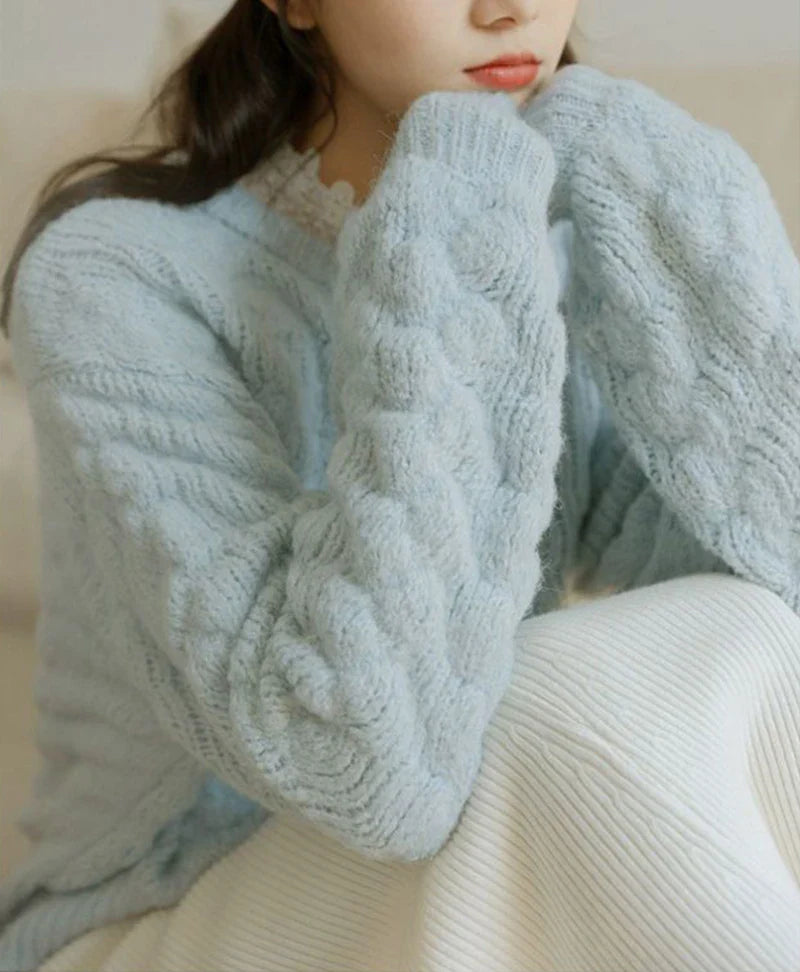 Blue Knitted Rose Buttoned Cardigan