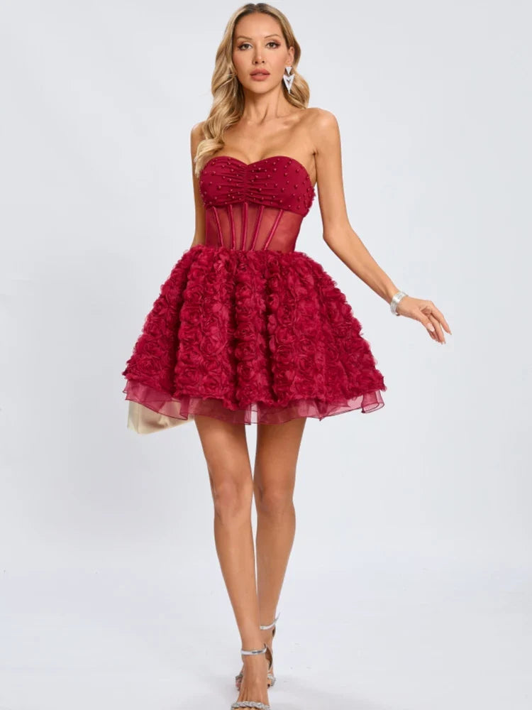 Red Mesh 3d Floral Frill Beaded Strapless Mini Dress