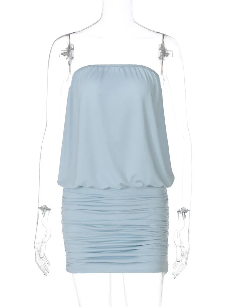 Blue Strapless Puff Drawstring Mini Dress