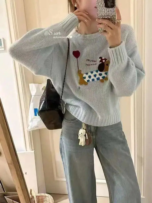 Dog Embroidery Knitted Sweater Pullover
