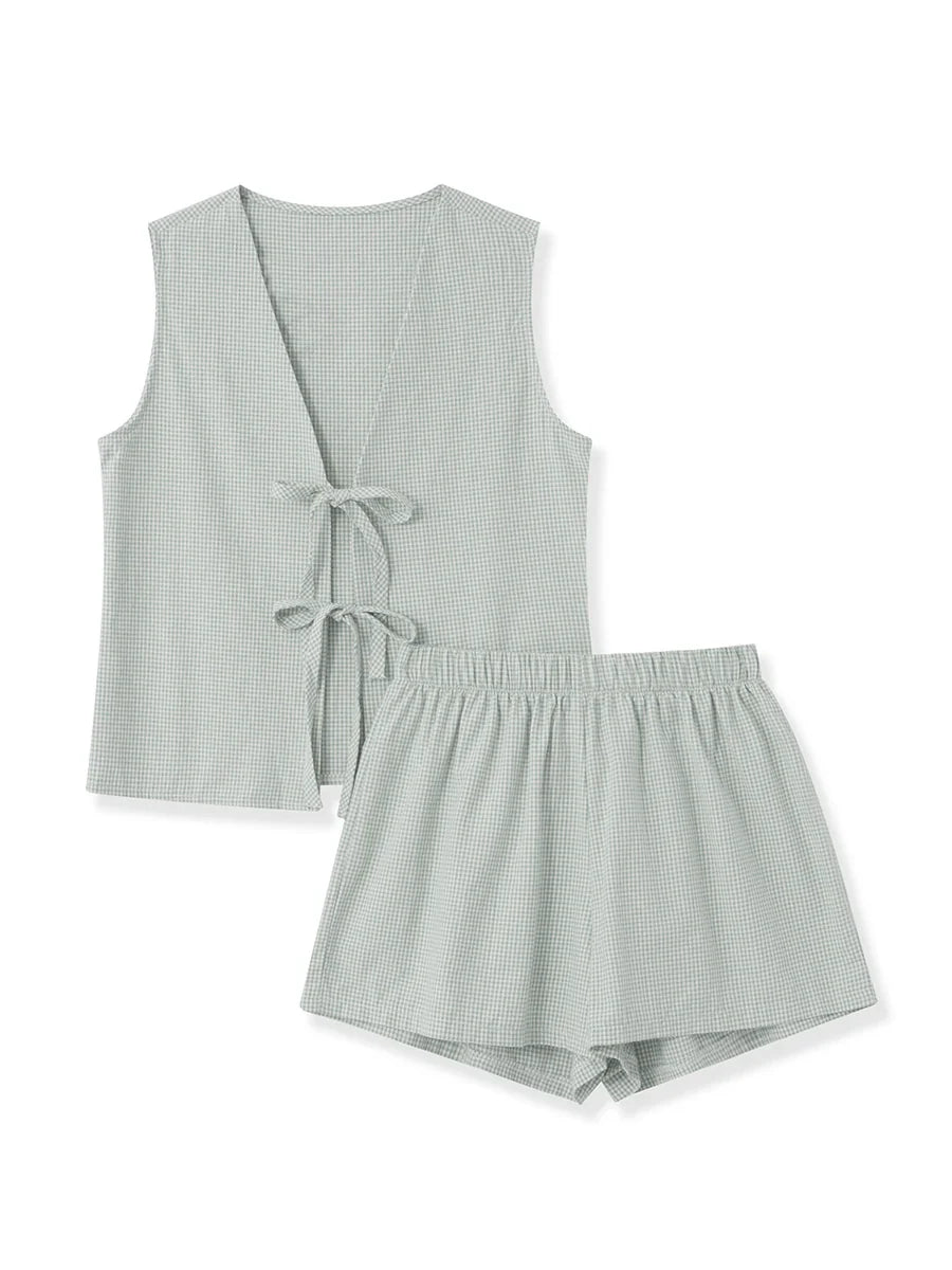 Plaid Tie Up Top And Shorts Set